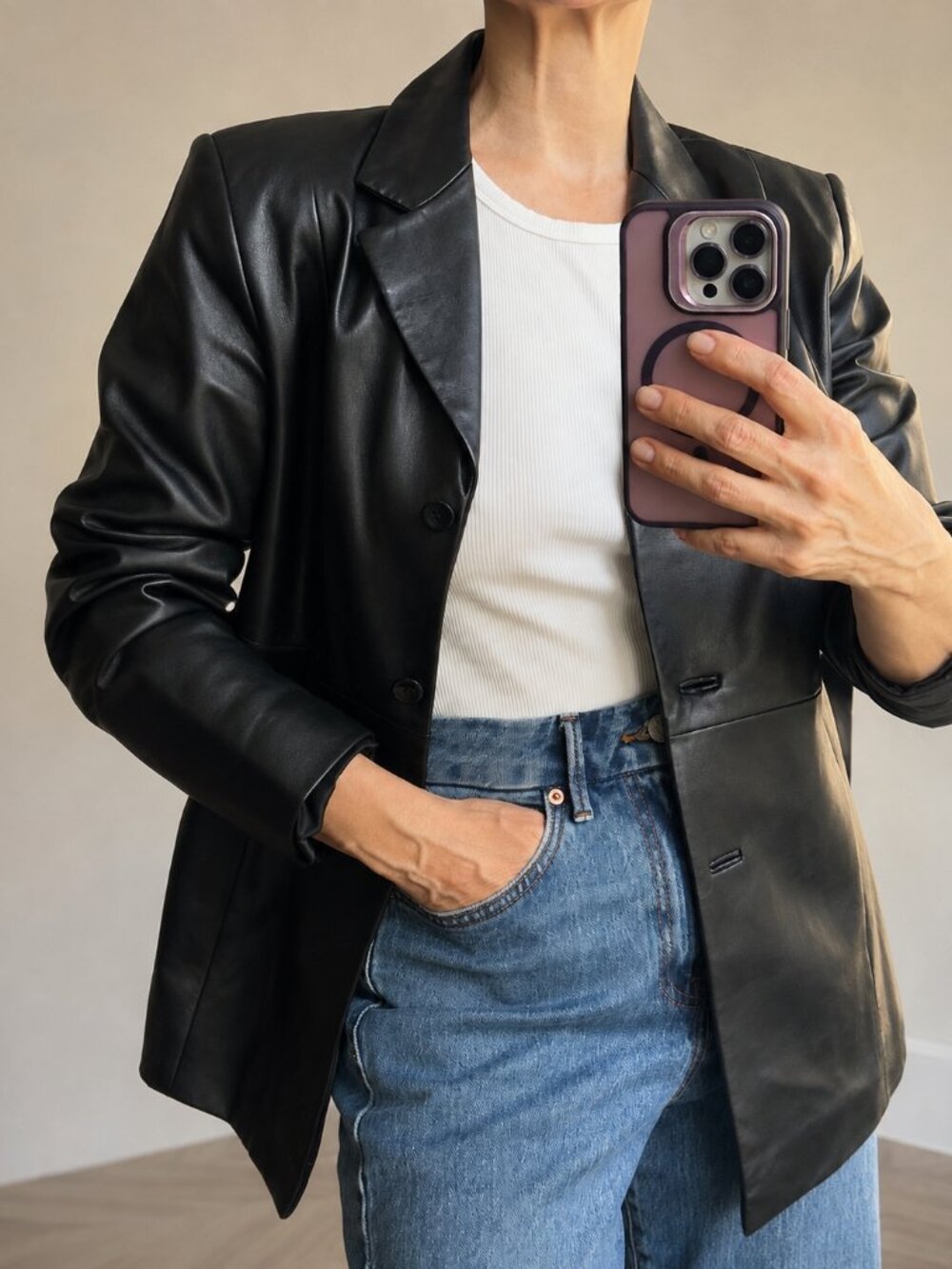 Genuine Leather Long Blazer Jacket Women’s Valerie Stevens Petite PM Black